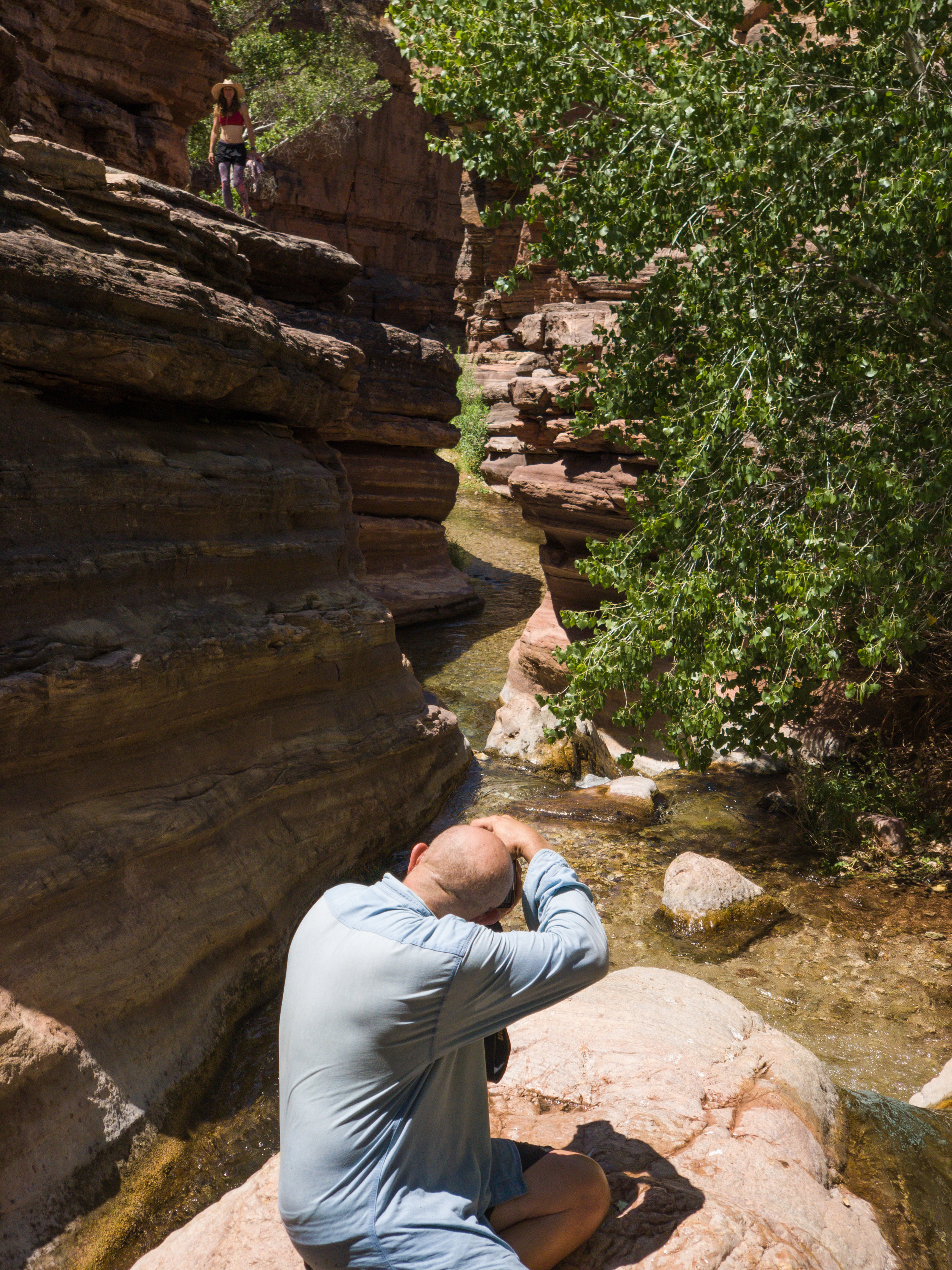  Dave taking a photo of the creek, Mariah on the ledge above. Not photoshopped. The canyon is huge. 