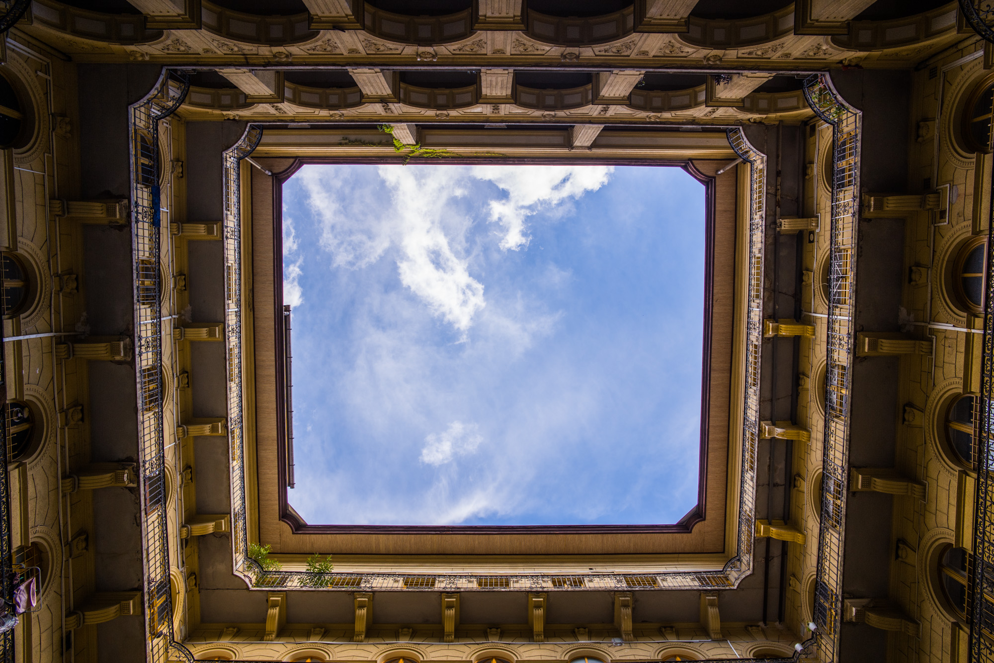 Looking up from a typical building in Budapest