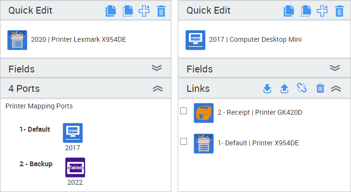 Ports for Mapped Printers : Ports can be added to Printer catalog items to help define printer mapping relationships. For example, the ports on printers could be labeled "Default", "Backup", and "Receipt". A computer can then be linked to a network printer port to show that it always prints to that printer by Default, and link to another port on a receipt printer to show it uses that printer for all receipt printing. The example above shows Ports from the perspective of the Printer on the left, while the right image shows the links from the perspective of the Computer.