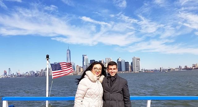 Looking poofy together in our winter coats and wishing we brought sunglasses 😎💙🌻💙. Isn't Manhattan beautiful from the water? I felt an interesting feeling when the taller than life skyscrapers became smaller and smaller as we pulled away from sho