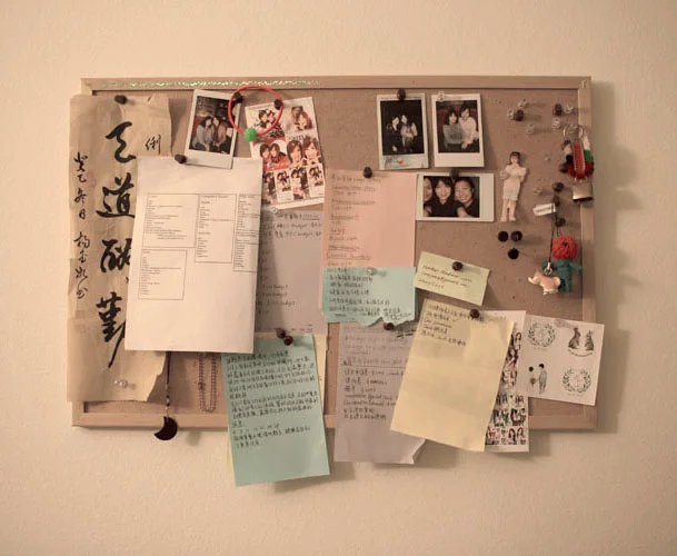 Lily Mendoza's pin board with pictures of friends, notes and to do lists