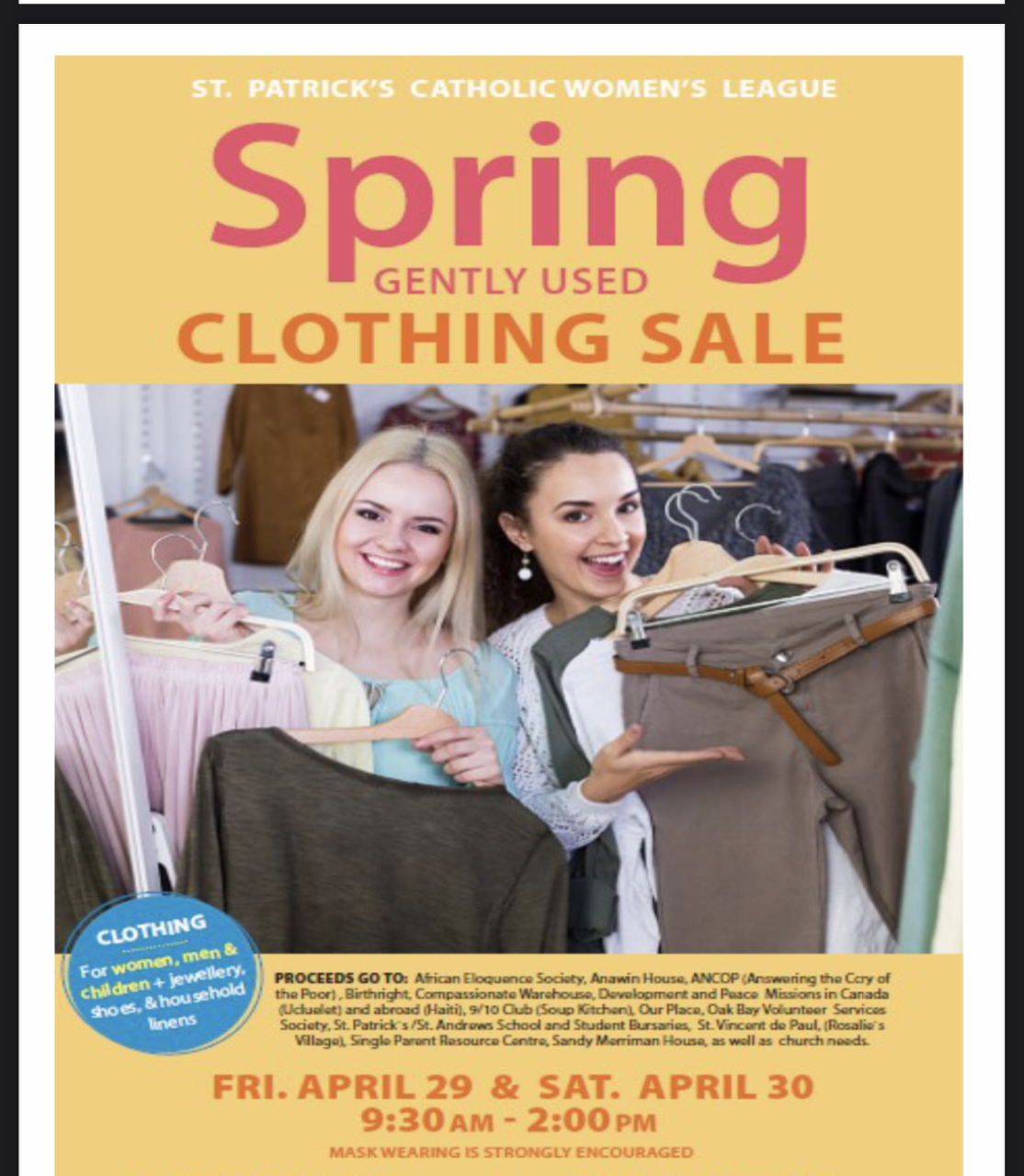 ST. PATRICK'S CHURCH (VICTORIA) ANNUAL USED CLOTHING AND JEWELRY SALE APRIL29/30