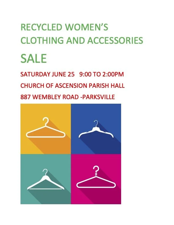 Recycled Women's Clothing Sale, Ascension Church, Parksville, Saturday, June 15th