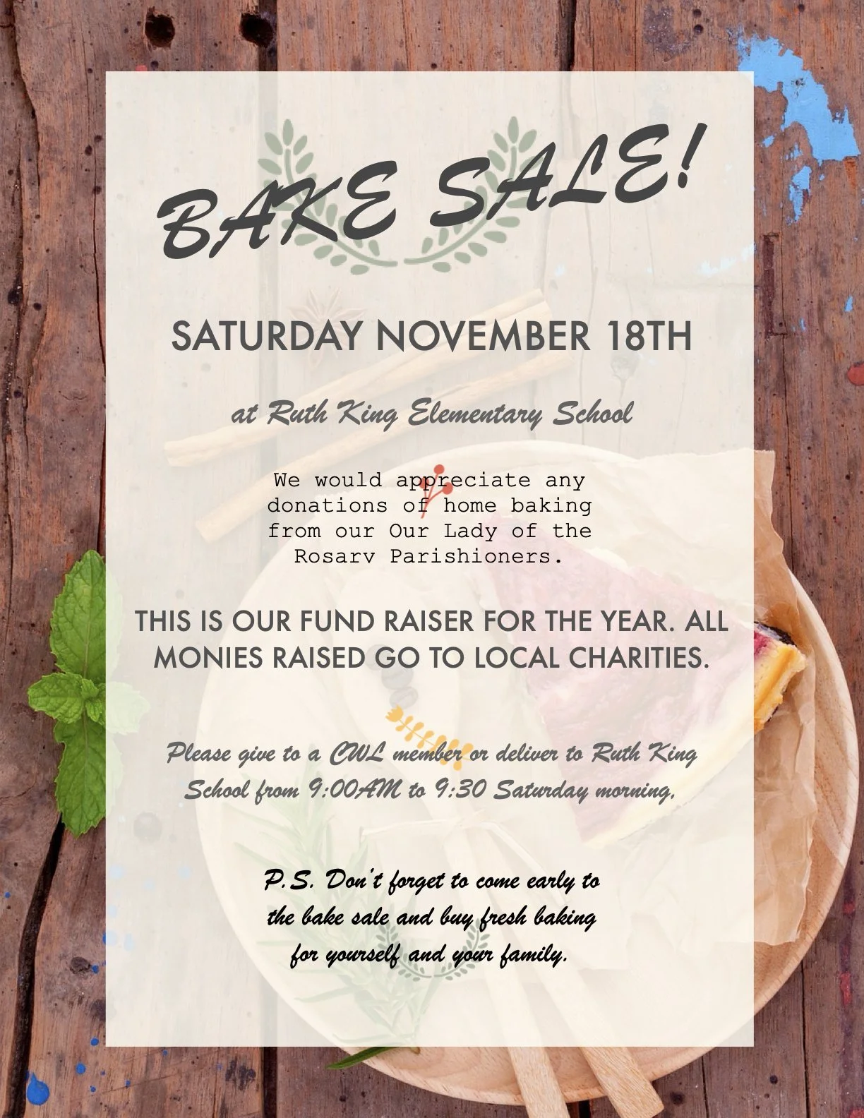 Our Lady of the Rosary Bake Sale November 18th, Ruth King Elementary School