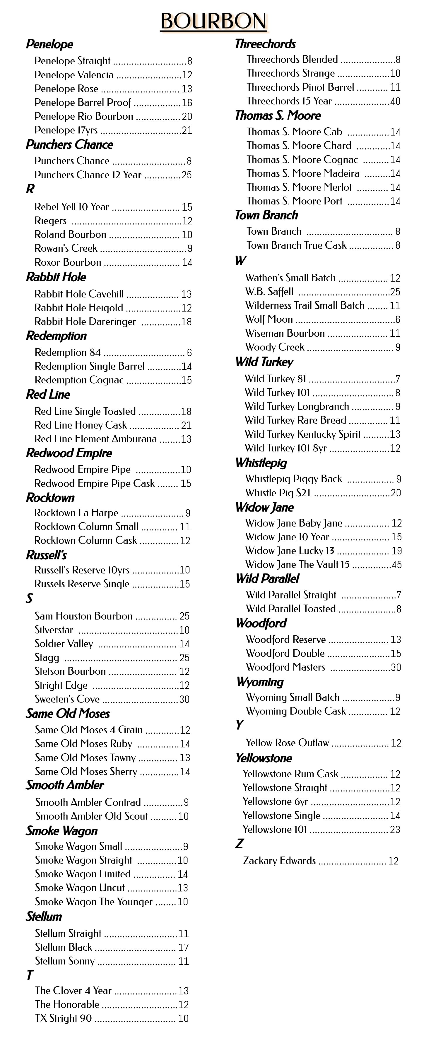 Bourbon Menu — 501 PRIME