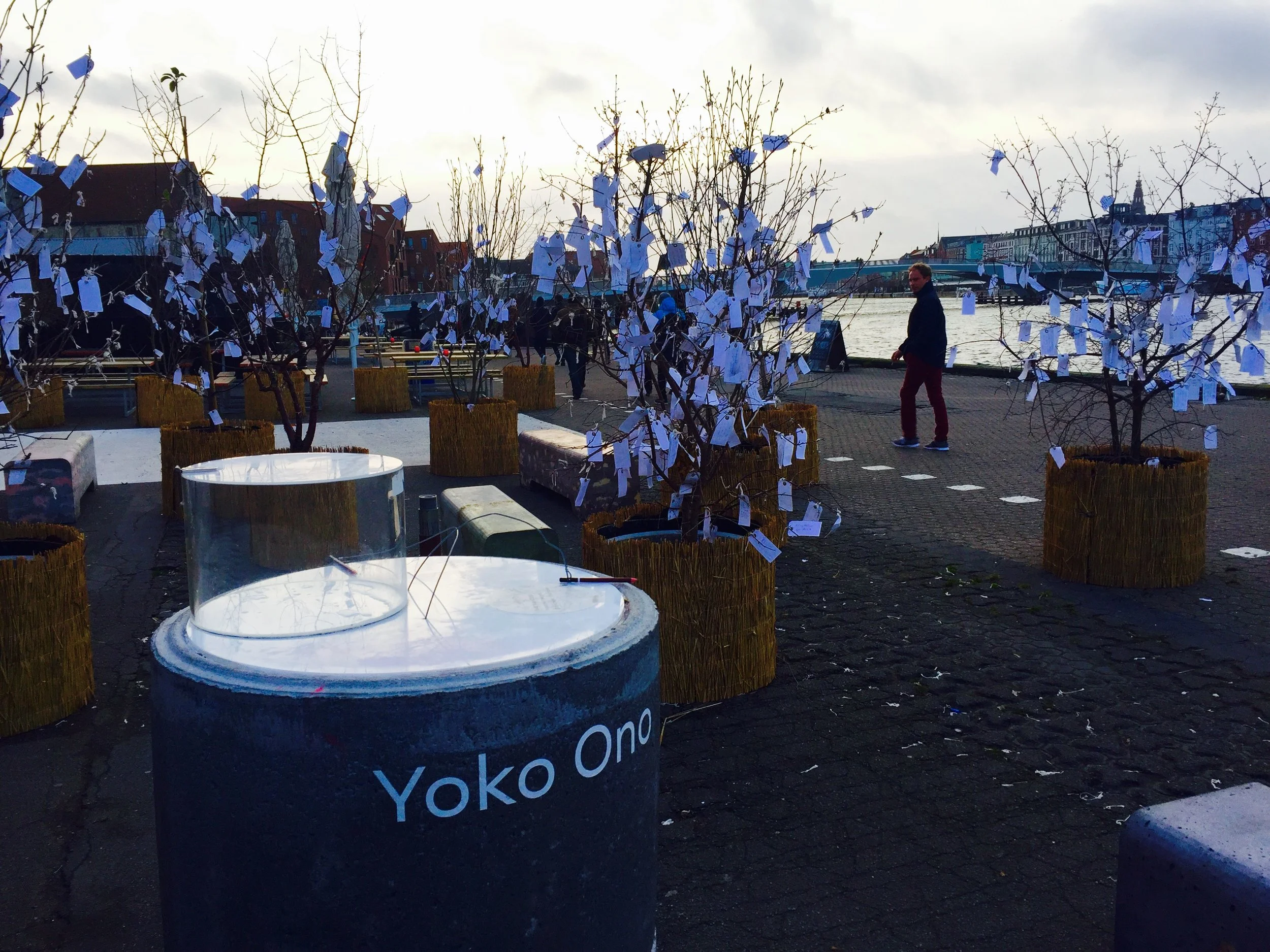 Yoko Ono held an art exhibit right outside Paper Island. Visitors wrote their one wish on little pieces of paper and hung them on trees.