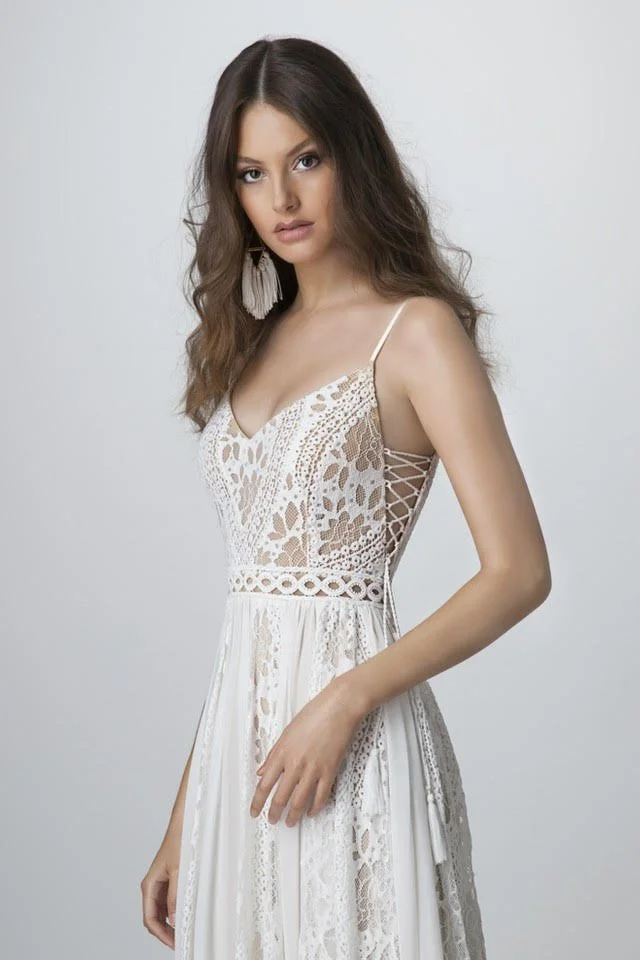 knee length dresses for ladies Sierra Gown Ivory Lace V Neckline Wedding Dress 6 / Ivory/Nude main image 1