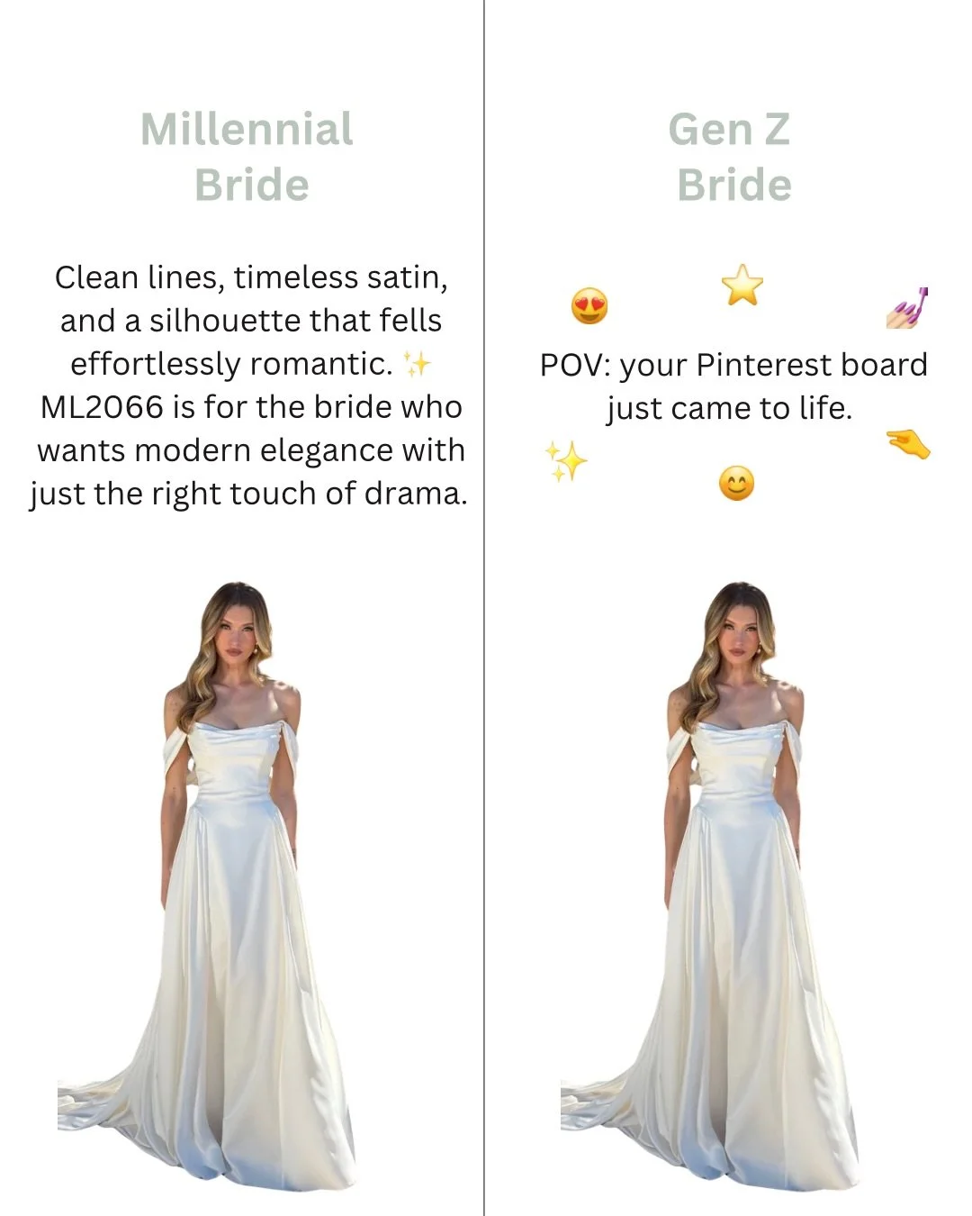 Millennial brides 🤝 Gen Z brides
Different captions, same obsession with finding the dress ✨🤍

Which new arrival is your fav? 😍

#alaskabride #alaskabridalshop #alaskawedding #designerbride
