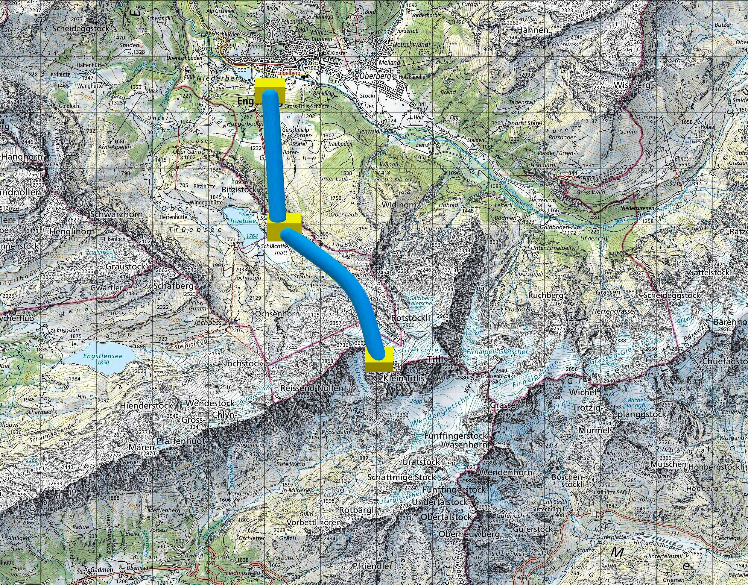 Travel route from Engelberg to Mt. Titlis by aerial cable carsSource (map): Swiss Federal Office of Topography swisstopo