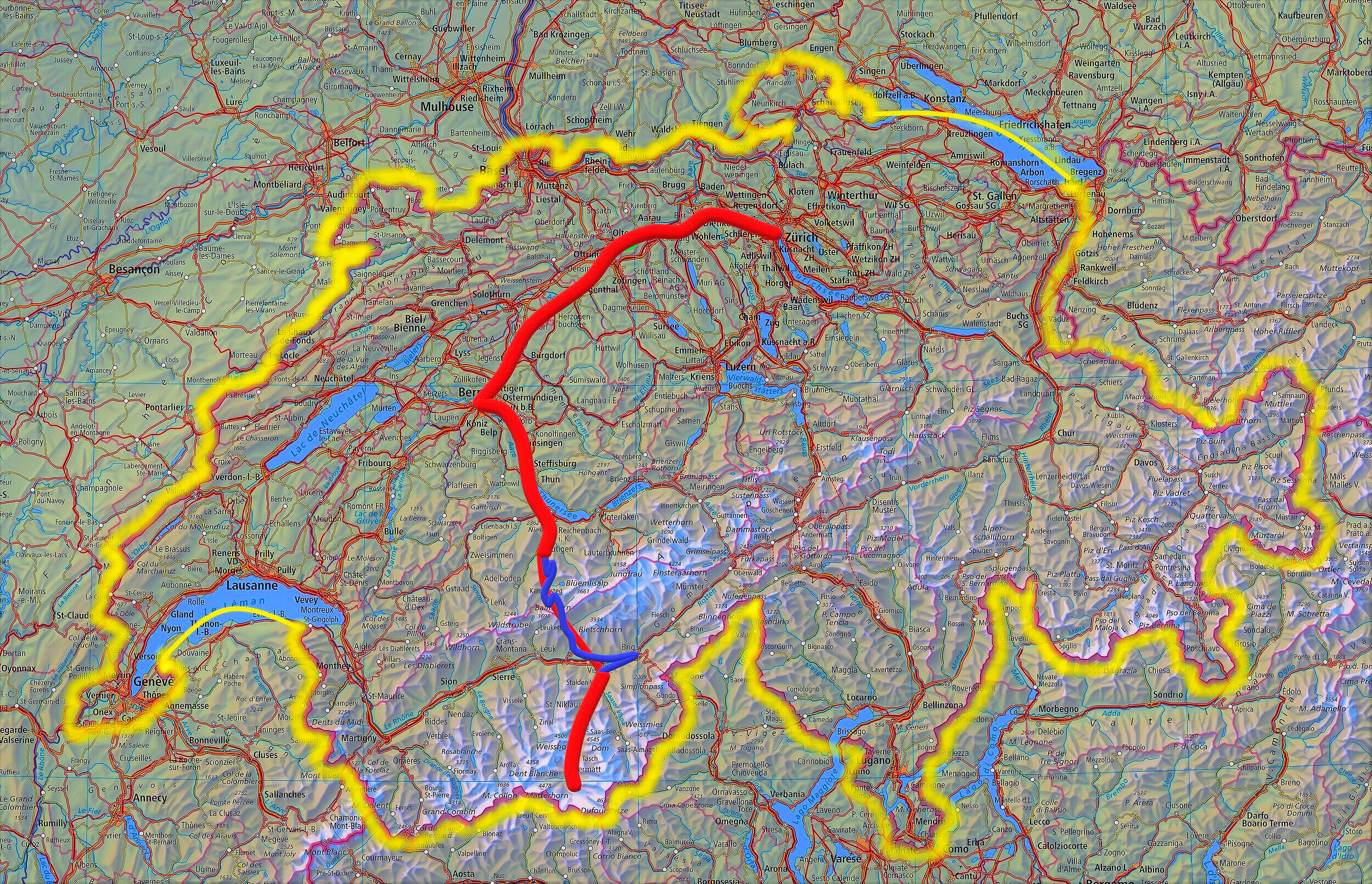 Travel route from Zurich to Zermatt &amp; Gornergrat by train.Source (map): Swiss Federal Office of Topography swisstopo