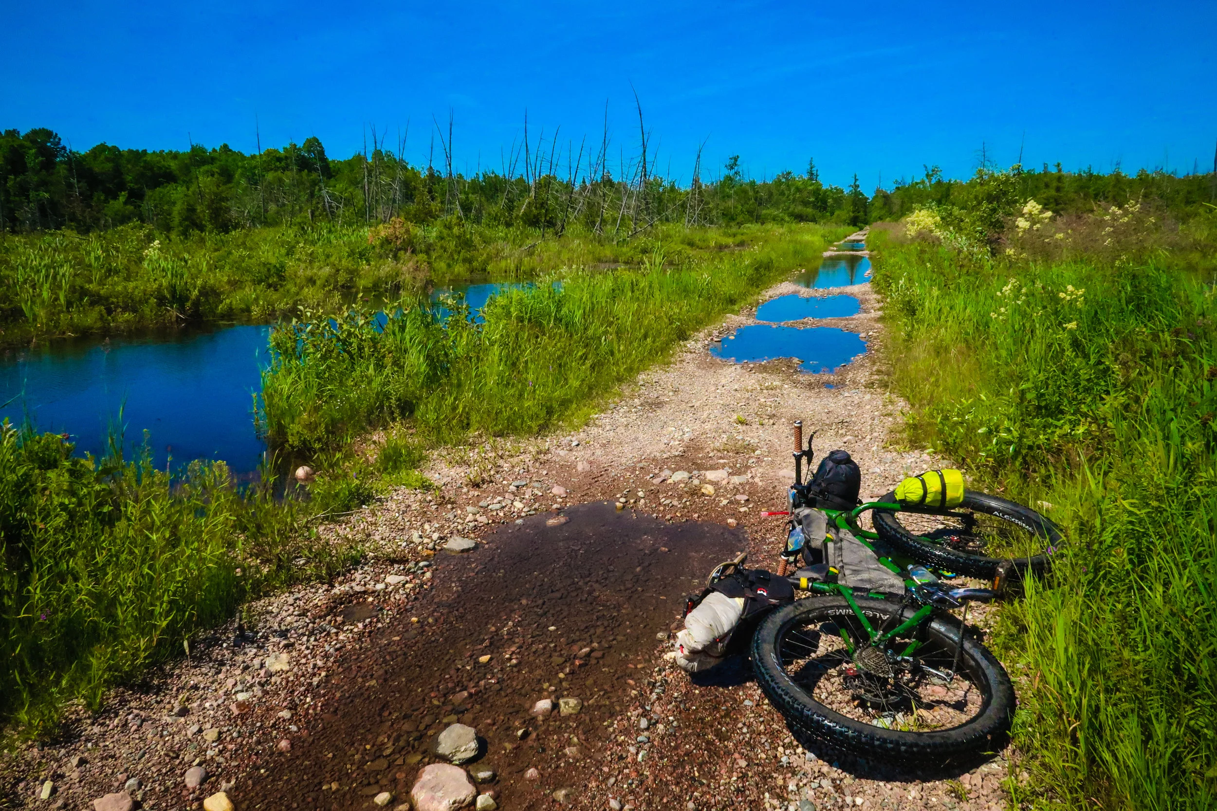Wet feet are inevitable on this section of the K&P Trail.