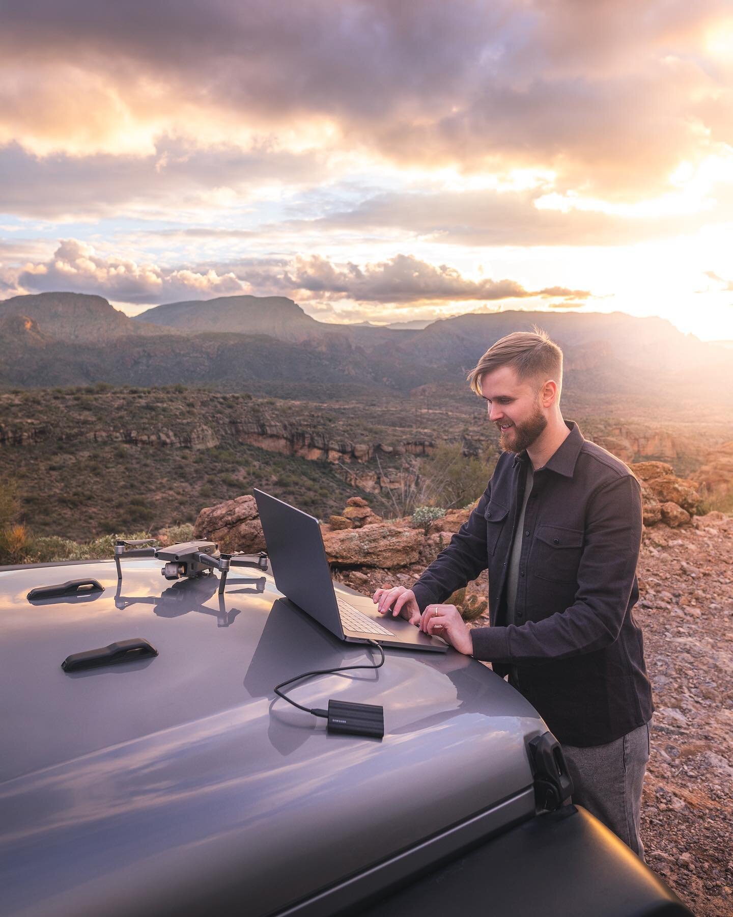 Backing up my images between drone flights with the rugged and fast Samsung T7 Shield Portable SSD. 
This compact solid state drive allows you to shoot, backup and edit on location, all while feeling confident your data is securely resistant against 