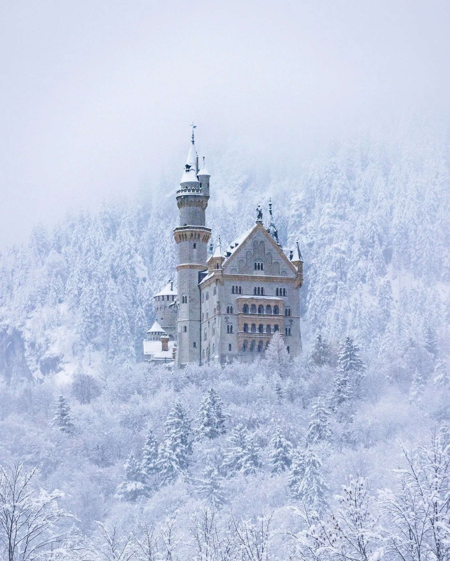 On our last day in Germany, we rented a car and drove south to Neuschwanstein Castle. The snow was coming down all day and a foggy grey covered the mountains so photo opportunities were quite limited. But for a few minutes, while at the parking lot, 