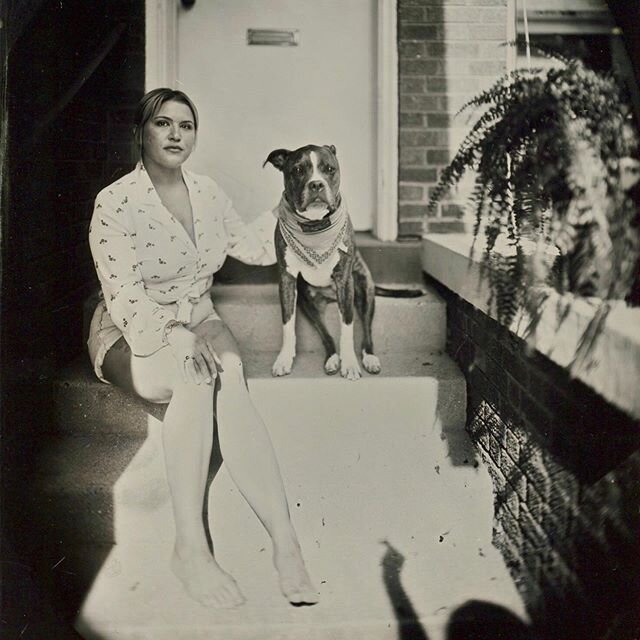 @madgerine and her Icharus yesterday on their back stoop ❤️ I just noticed that I&rsquo;m in this tintype too. The getting a dog to look my way and hold still, snap over my head and hold it trick 🤦🏻&zwj;♀️ I&rsquo;m still adding to the list for por