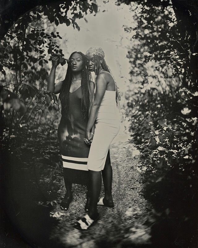 Beautiful sisters @snapsbyjoi and @kynnah.giselle ❤️ 8x10 tintypes in the dappled light of the woods. 5 second exposures