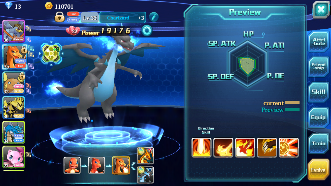 The evolution system is pretty standard. The Evolve tab shows you what level, friendship, and items you need to evolve. (Some Pokemon have multiple choices, such as Charizard X or Y.)