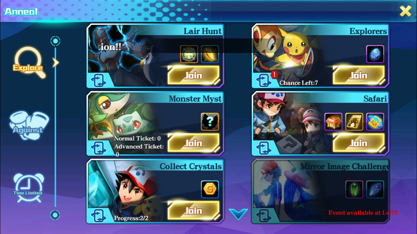 Lair Hunts are you and your friends vs a big boss. Explorers allows you to send off pokemon to find items. Monster Myst is where you can catch new pokemon. Collect Crystals is your place to fight a crystal rock that gives you items.