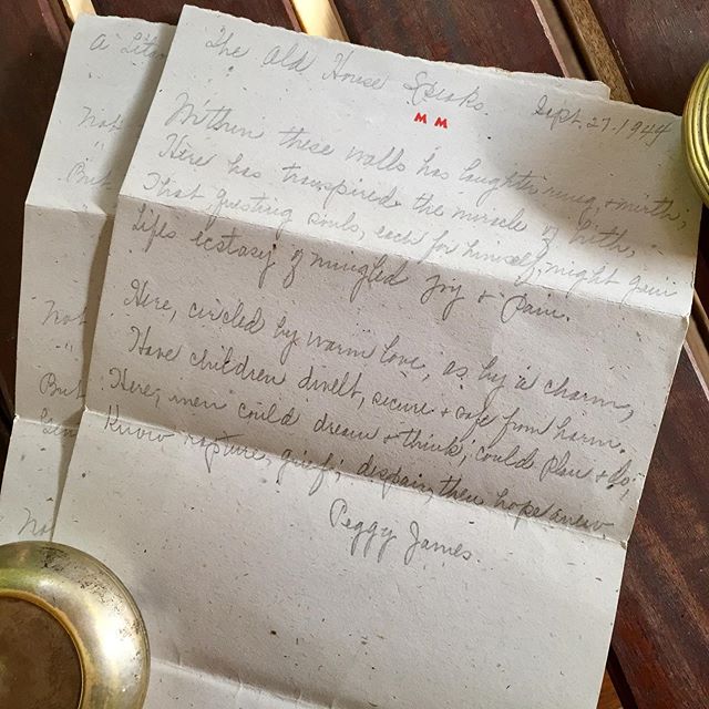 As I unpacked from our recent move,  I came across this poem transcribed in 1944 by my great grandmother (Mercedita Minto, &ldquo;MM&rdquo;). The title is &ldquo;The Old House Speaks&rdquo; and the author is Peggy James. My love of old buildings must