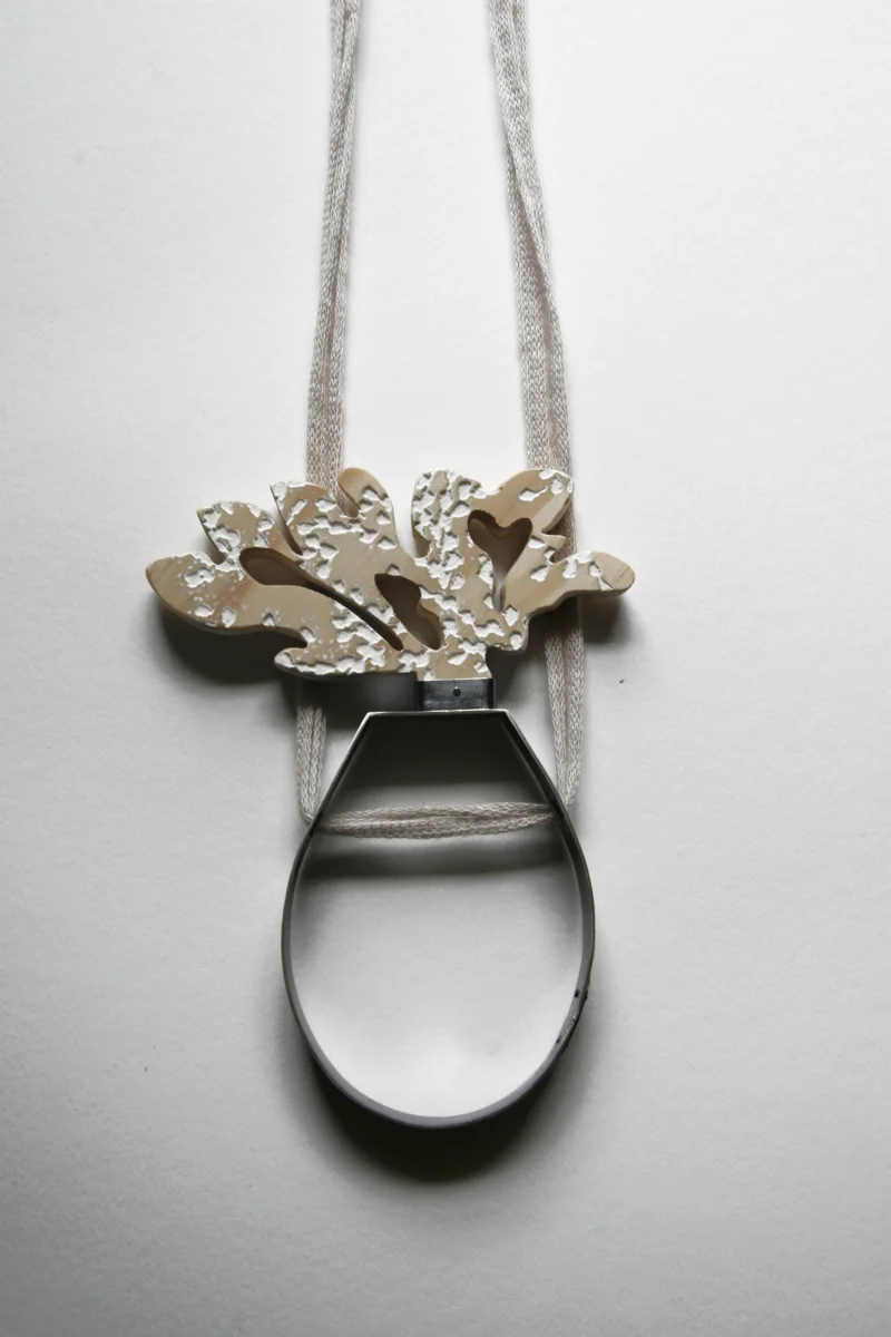 Floral Burst, necklace. silver, cotton, wood, 5"x4"