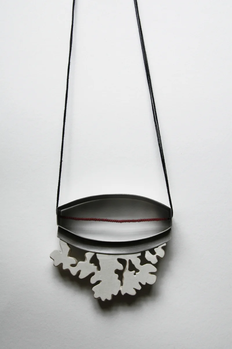 White Floral, necklace. silver, glass, wood, cotton, 3"x3"