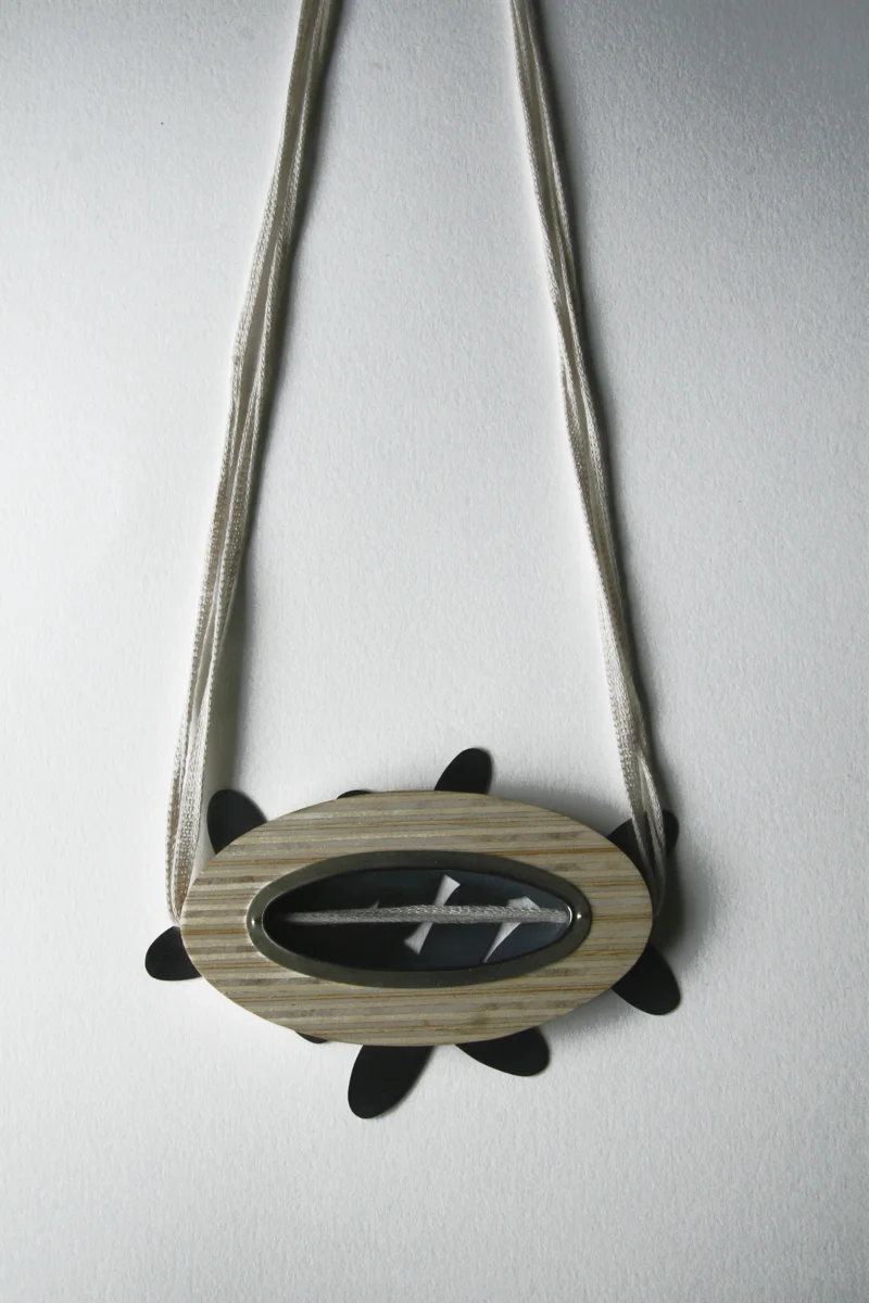 Plywood Strip, necklace. silver, wood, cotton, 4"x3"