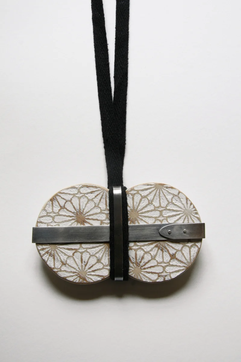 Bilobe, necklace.  silver, wood, cotton, 4”x2”