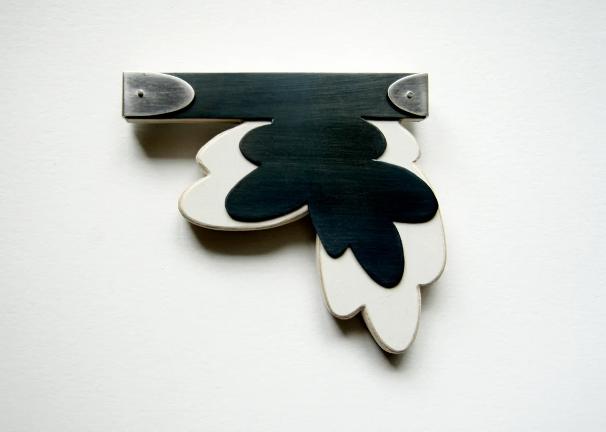 Poof, brooch. Silver, steel, wood, 3”x4”
