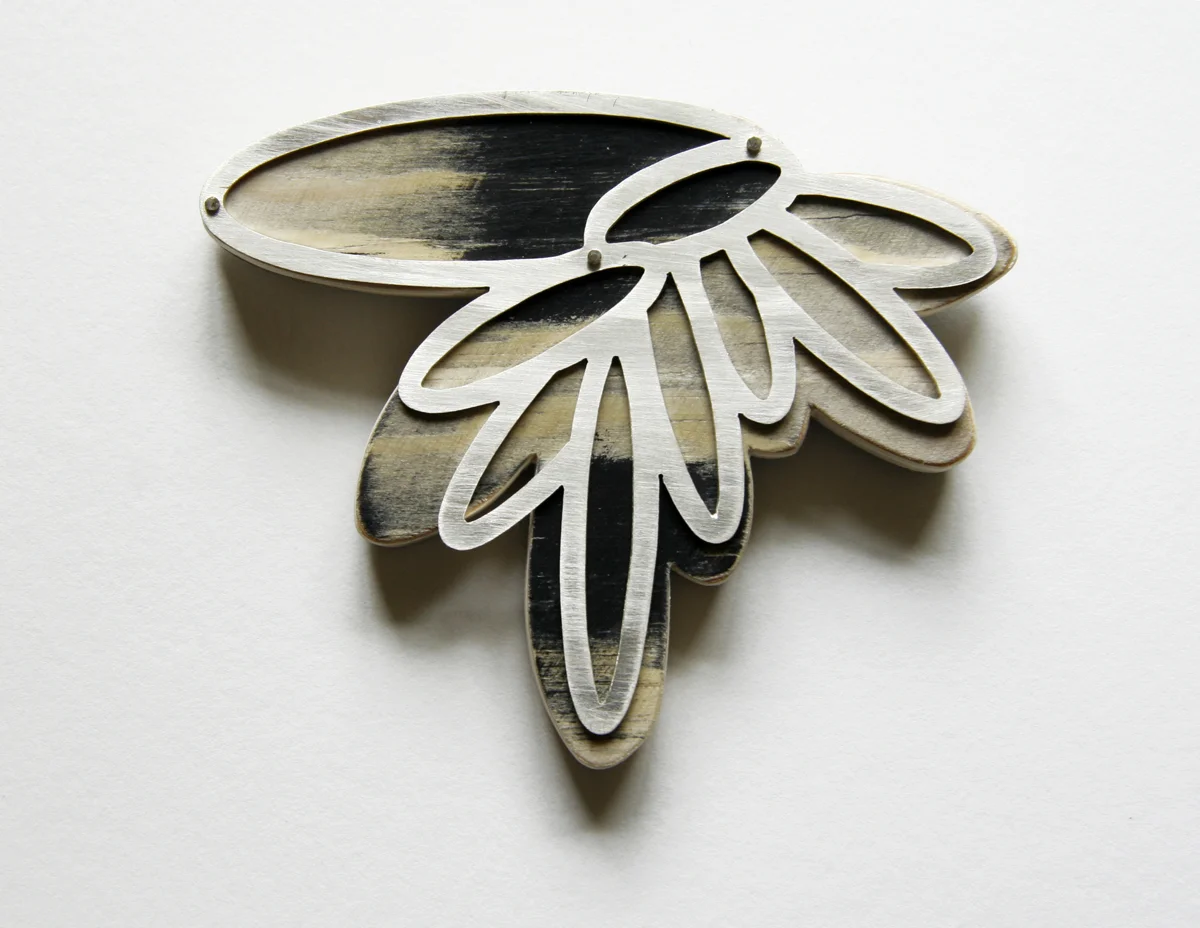 Feathered, brooch. silver, painted wood, 3”x4"