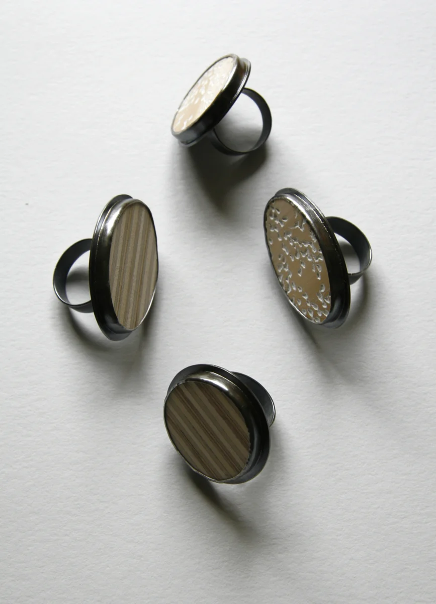 Floral+Stripe, rings. silver, wood