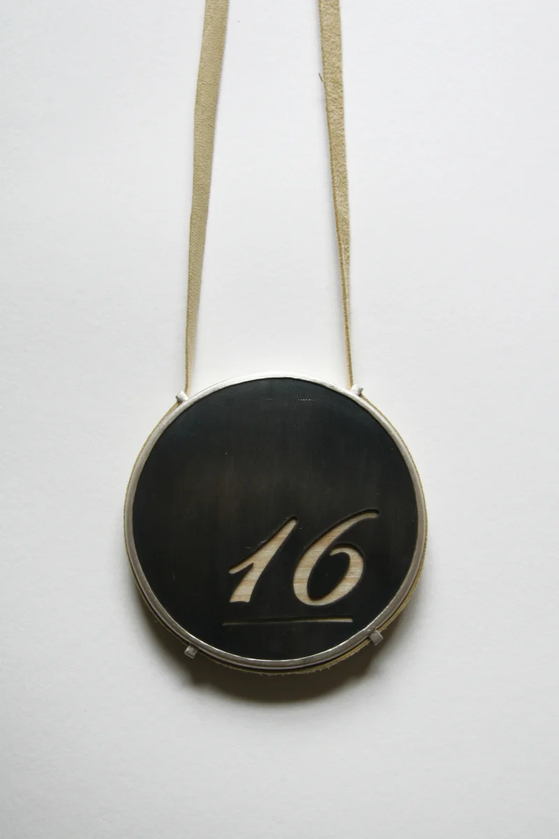 Medallion 16, necklace. silver, steel, wood, suede, 3”x3”