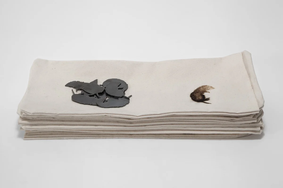 Voles, 2006. steel, canvas. 19"x9" (prints), 3"x1" (voles)