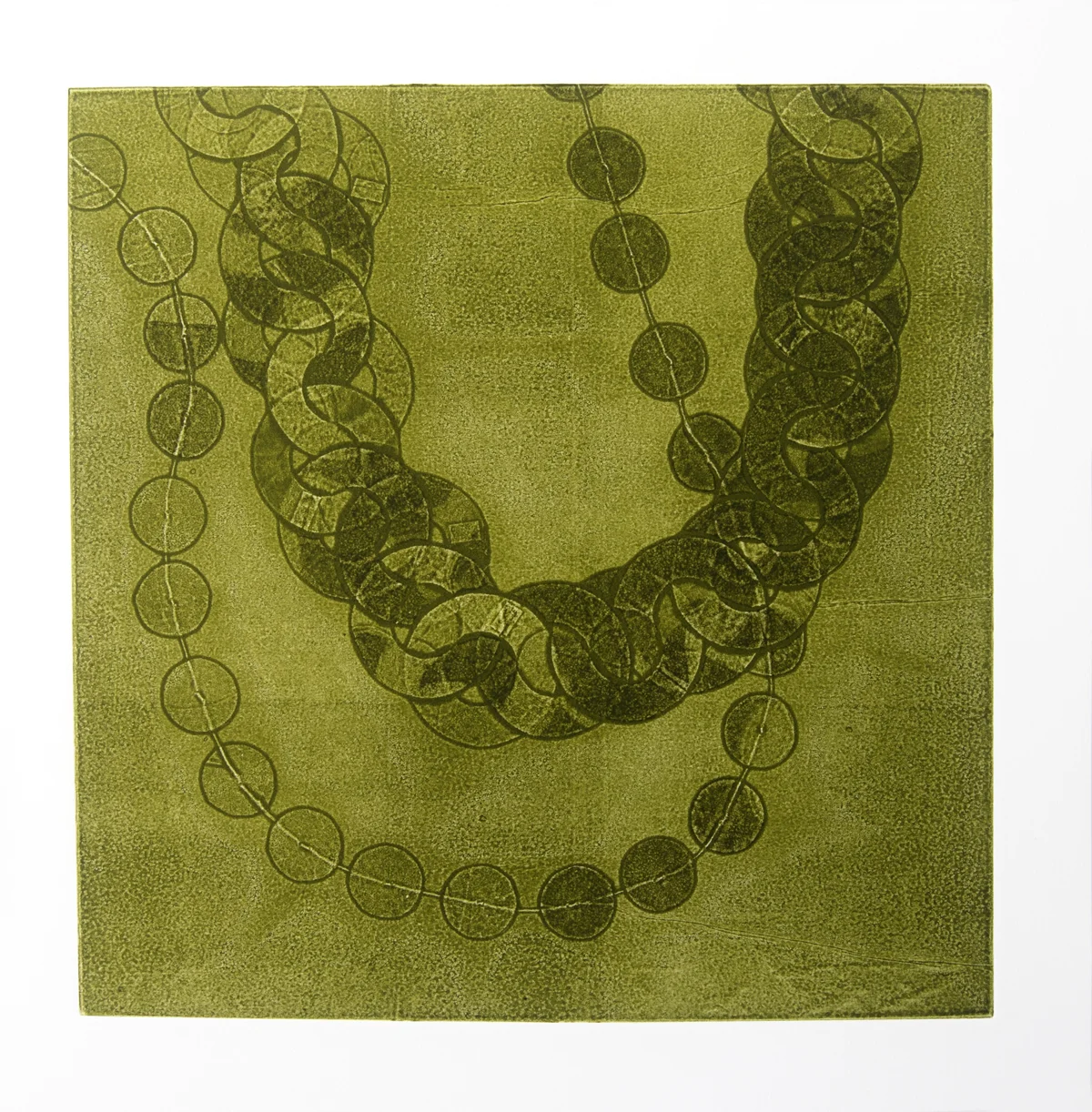 Chains, monoprints.  double bright green,  14 x 14
