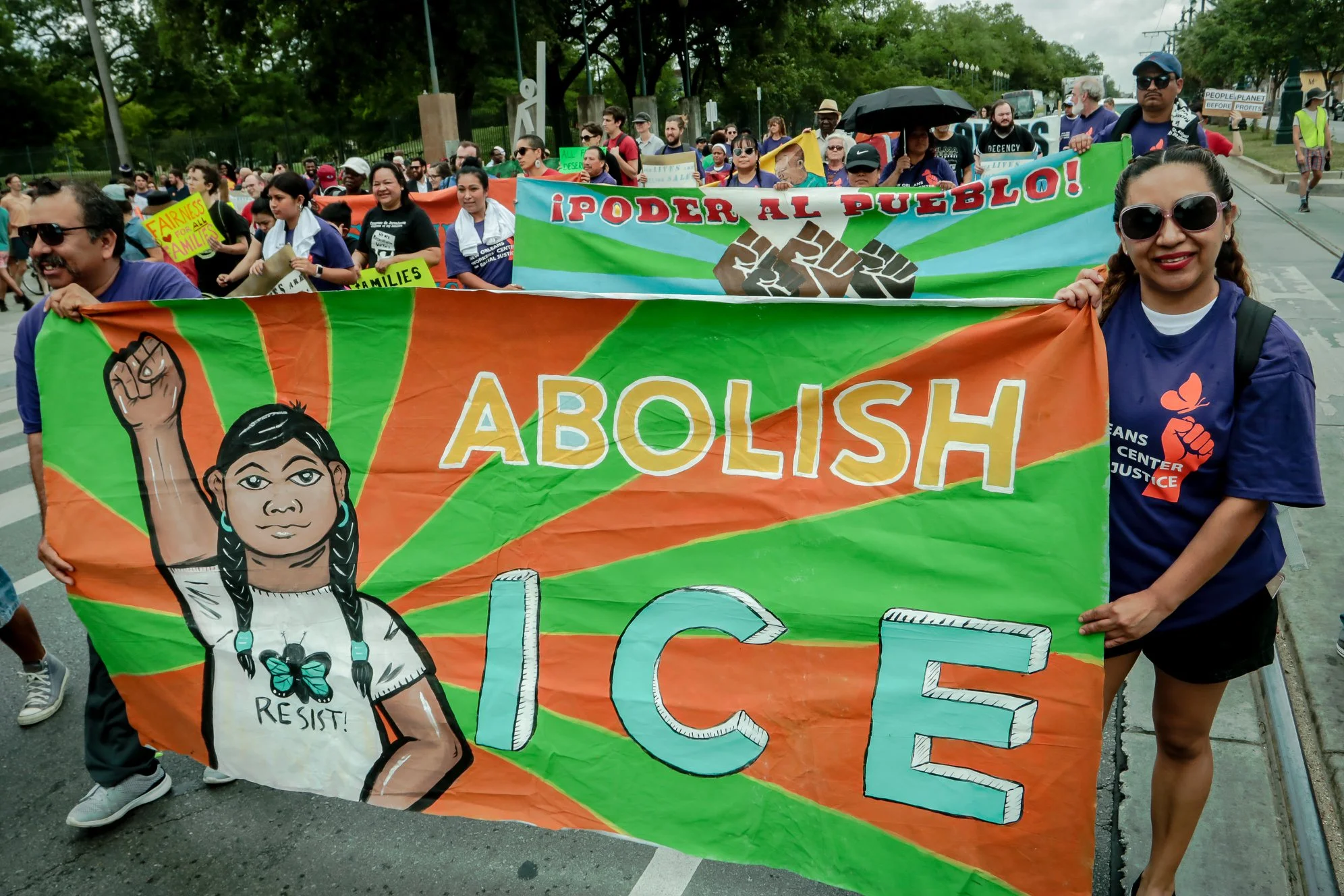 Examples of collaborative banner work with the New Orleans Workers’ Center for Racial Justice and Congreso de Jornaleros (Congress of Day Laborers) . Photo by Fernando Lopez .
