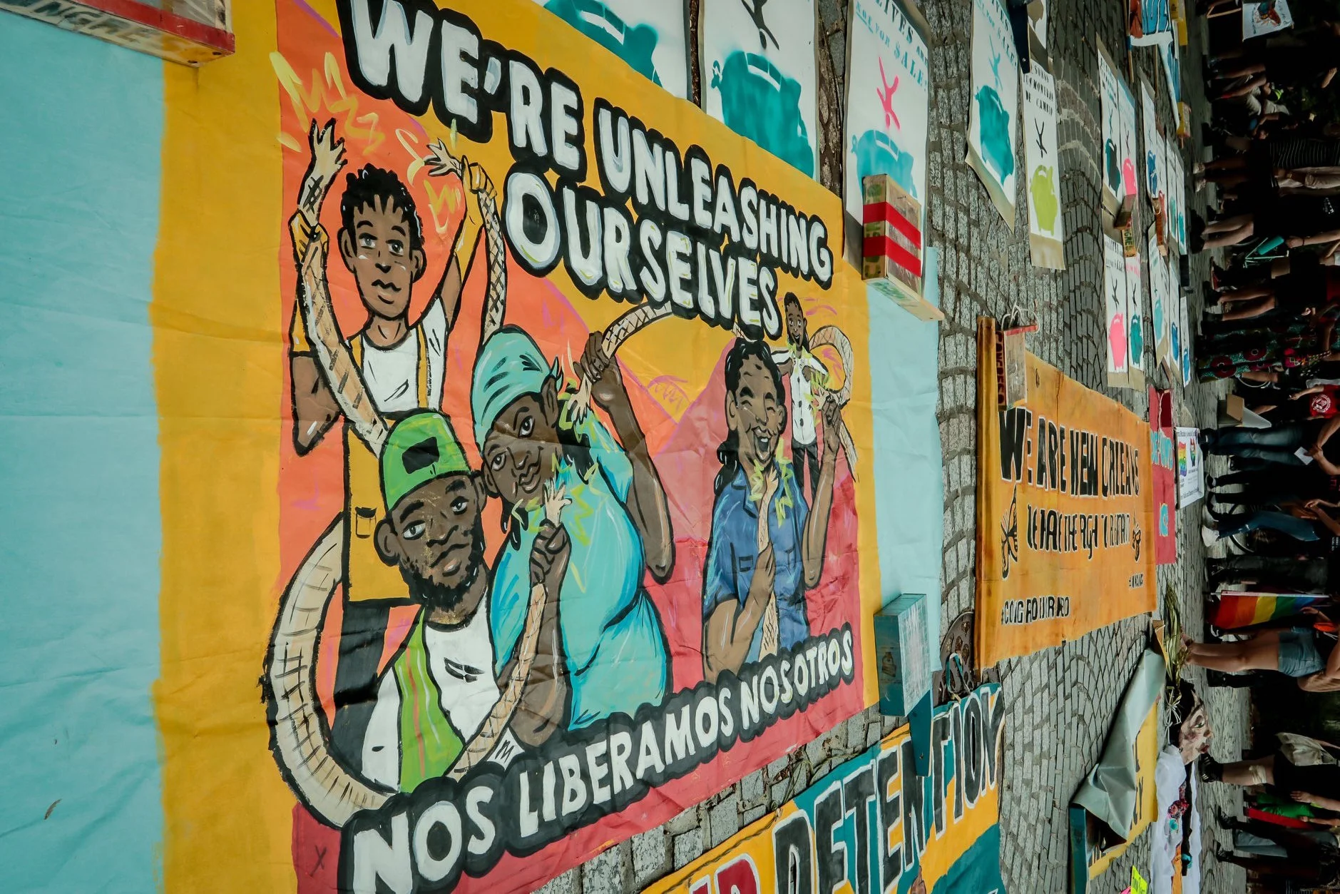 Examples of collaborative banner work with the New Orleans Workers’ Center for Racial Justice and Congreso de Jornaleros (Congress of Day Laborers) . Photo by Fernando Lopez .