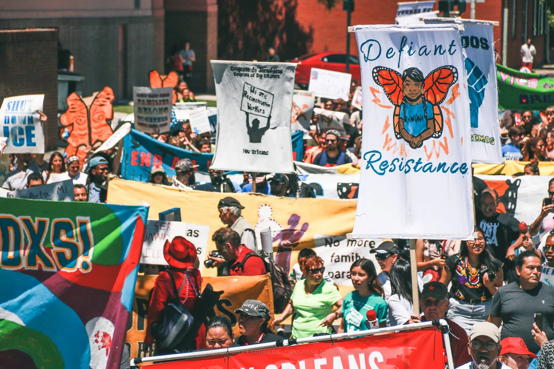 Examples of collaborative banner work with the New Orleans Workers’ Center for Racial Justice and Congreso de Jornaleros (Congress of Day Laborers) . Photo by Fernando Lopez .