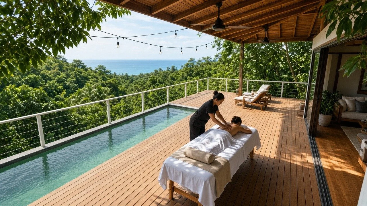 Outdoor deck massage with pool and ocean view at Casa Mango
