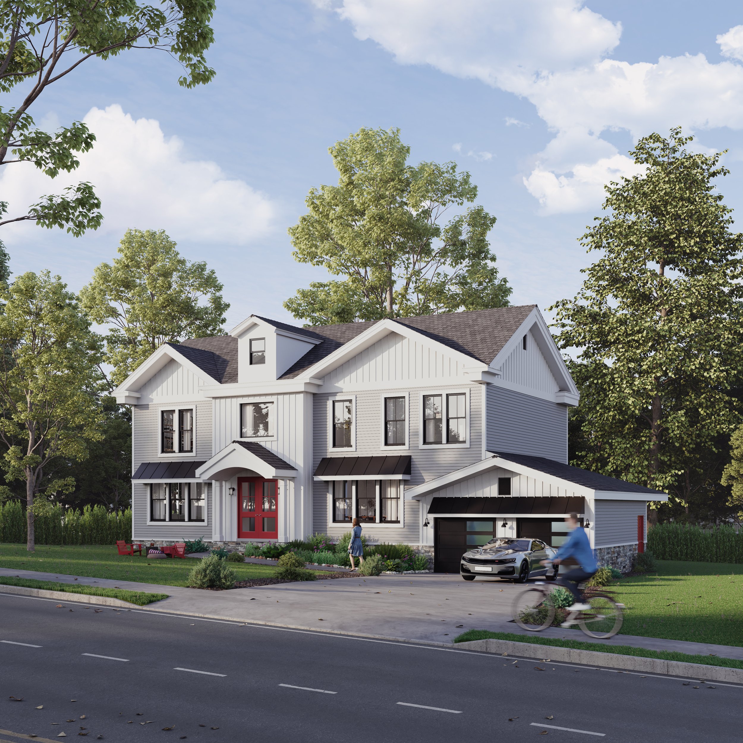 A two-story white house with black roof accents and a red front door, surrounded by green trees and grass, with a driveway where a car is parked and a woman is walking nearby. A cyclist is riding past on the road in front of the house.