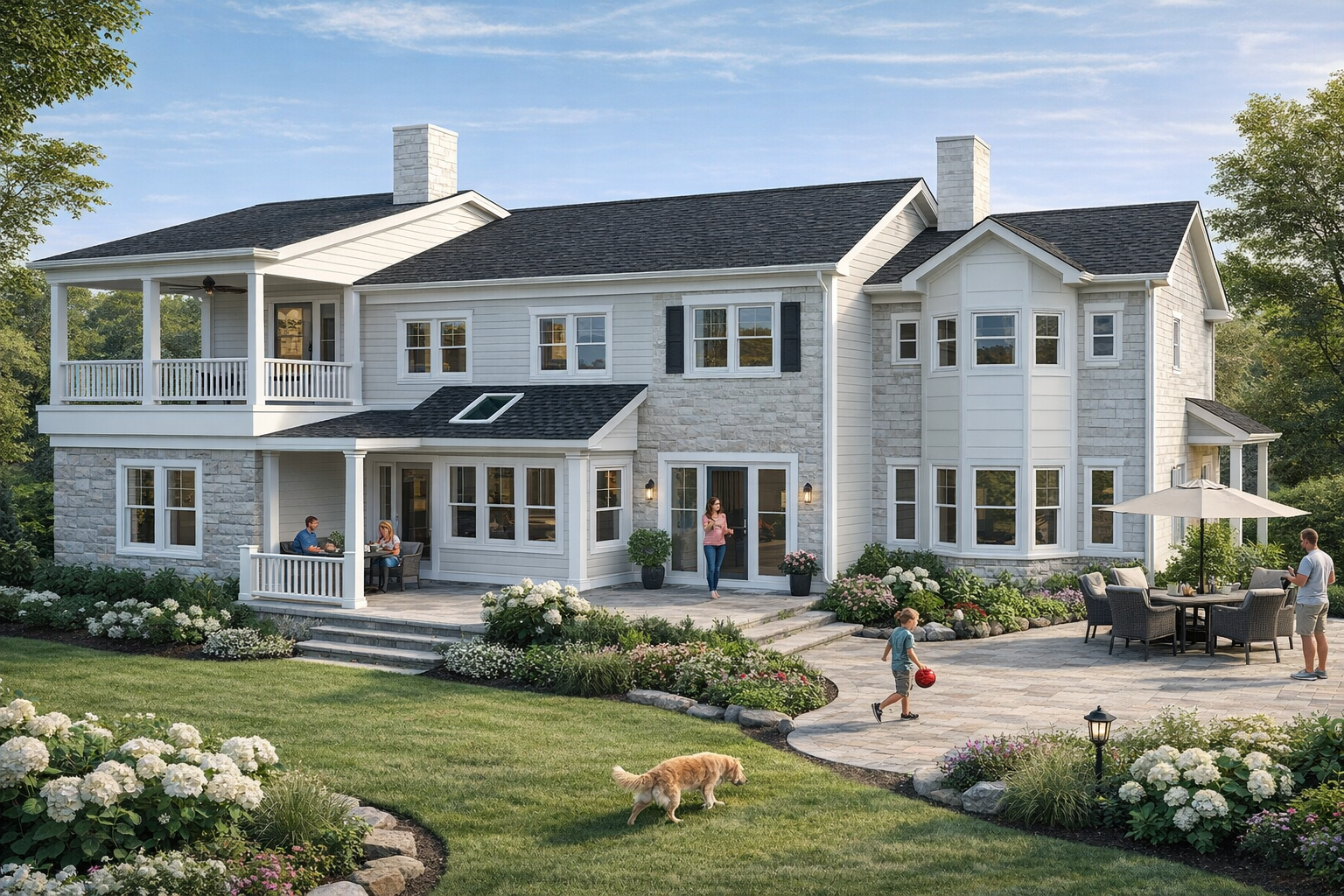 Large two-story house with white siding and stone accents, surrounded by a well-maintained garden and lawn. People are relaxing and playing outside, including children, adults, and a dog, with patio furniture and an umbrella on the patio.