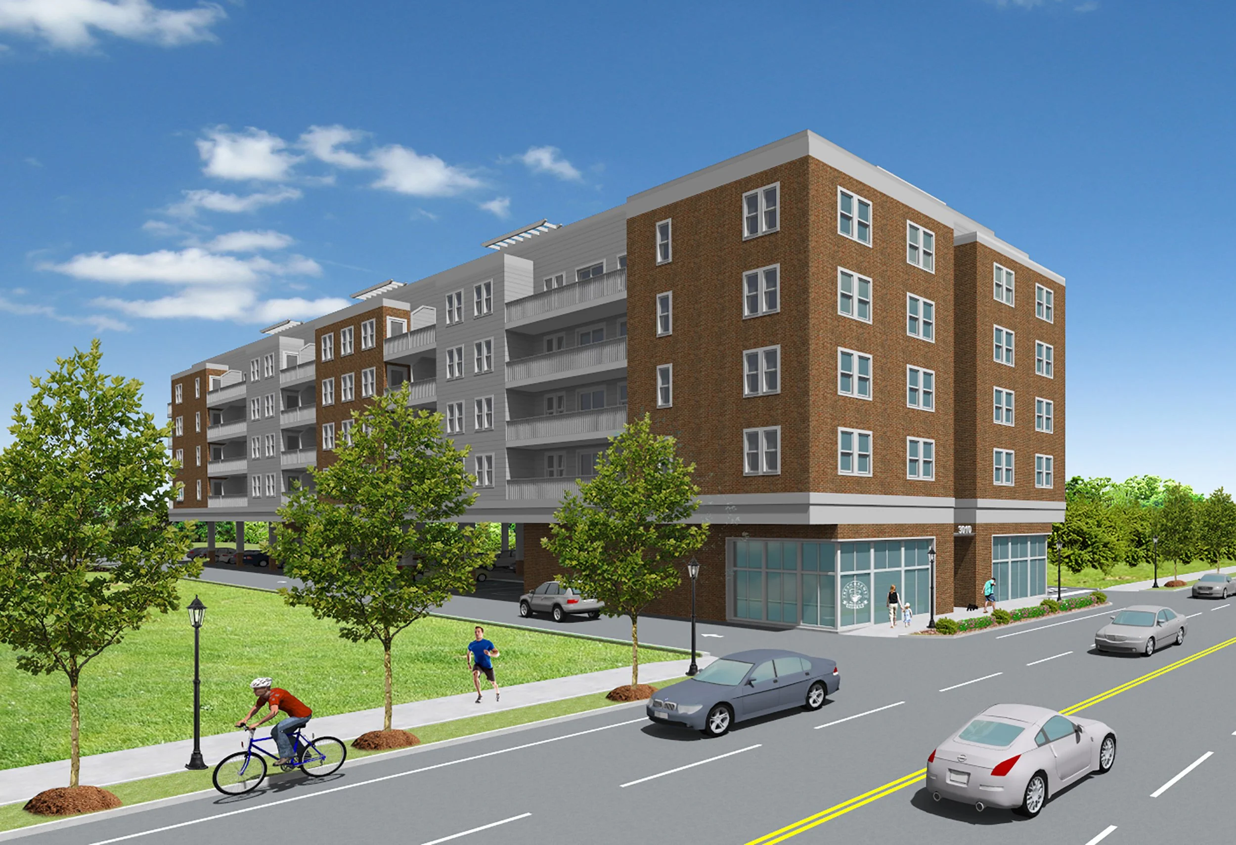 Rendering of a modern multi-story apartment building with commercial space on the ground floor, surrounded by a street with cars, trees, and pedestrians, including a person riding a bicycle and a jogger, under a blue sky with clouds.