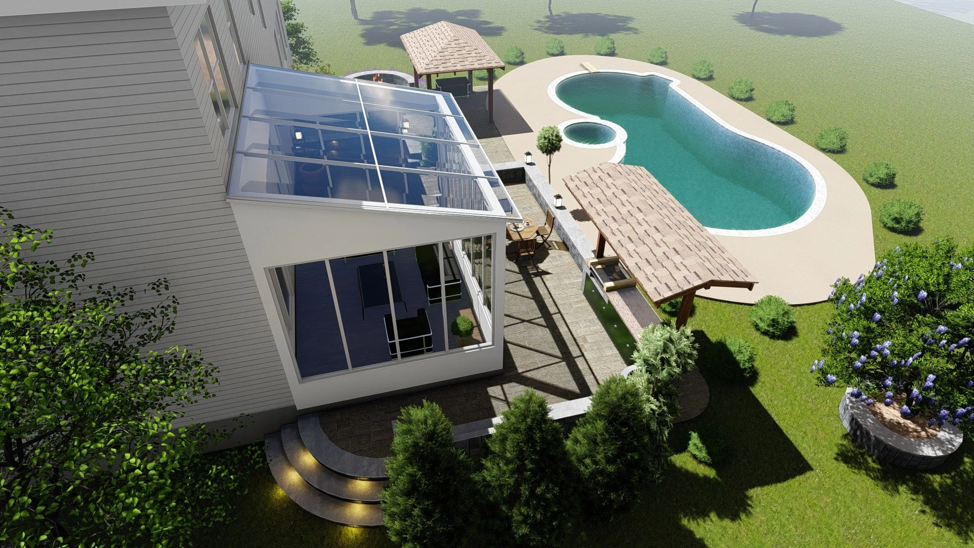 A backyard with a swimming pool, hot tub, covered patio, and landscaped greenery.