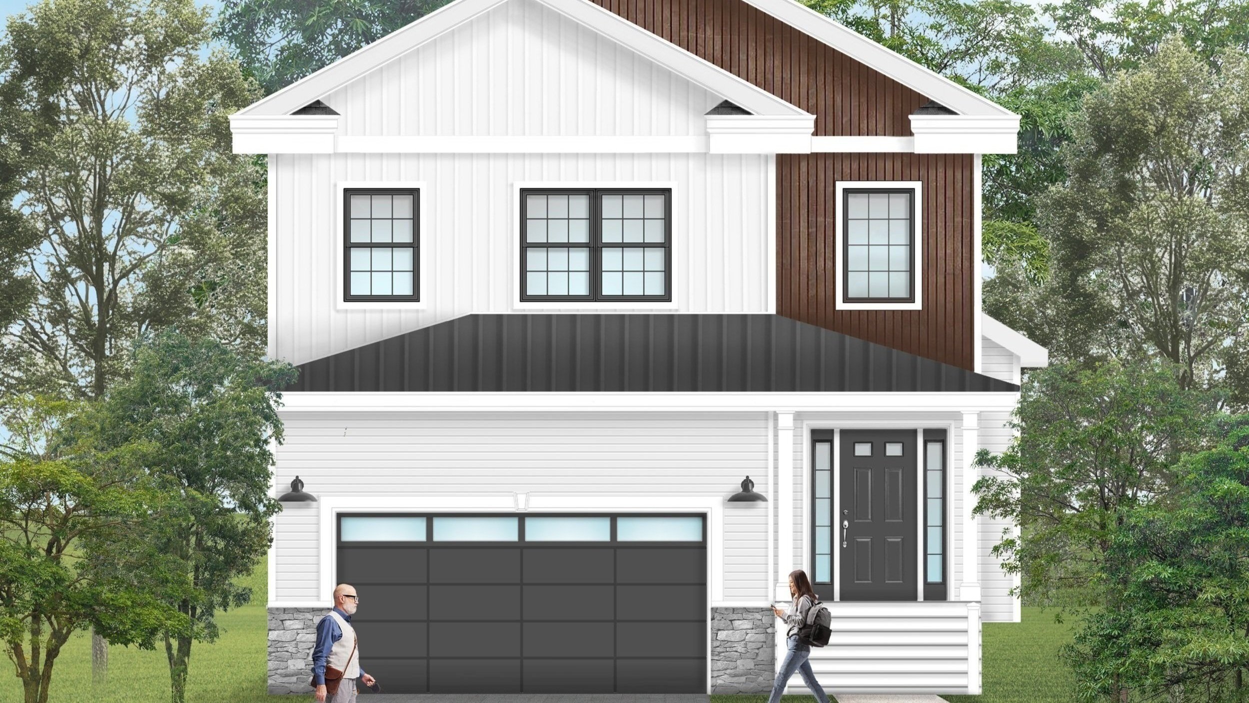 Modern two-story house with white and brown exterior siding, a black front door, and a large garage door. Two people walk past the house, surrounded by greenery.