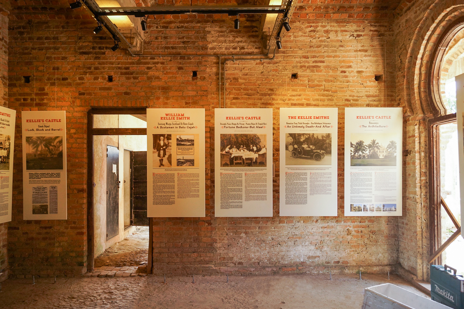 The write-ups for information panels contain carefully researched information about William Kellie-Smith and his family—their hopes and aspirations in coming to Colonial Malaya, their life among the local community, and subsequent departure—as well as Kellie's Castle itself, such as the architecture and conservation efforts. 