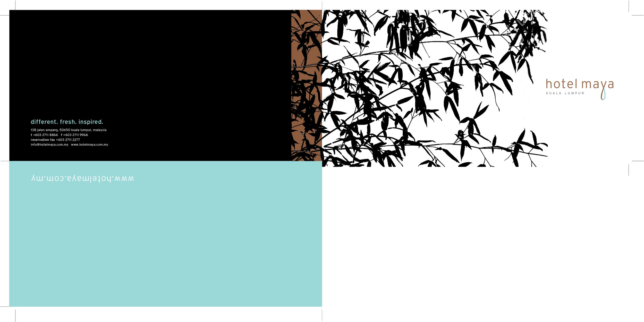 Simplicity and sophistication expressed through a restricted colour palette of bronze, eggshell blue and black for the hotel’s main brochure.