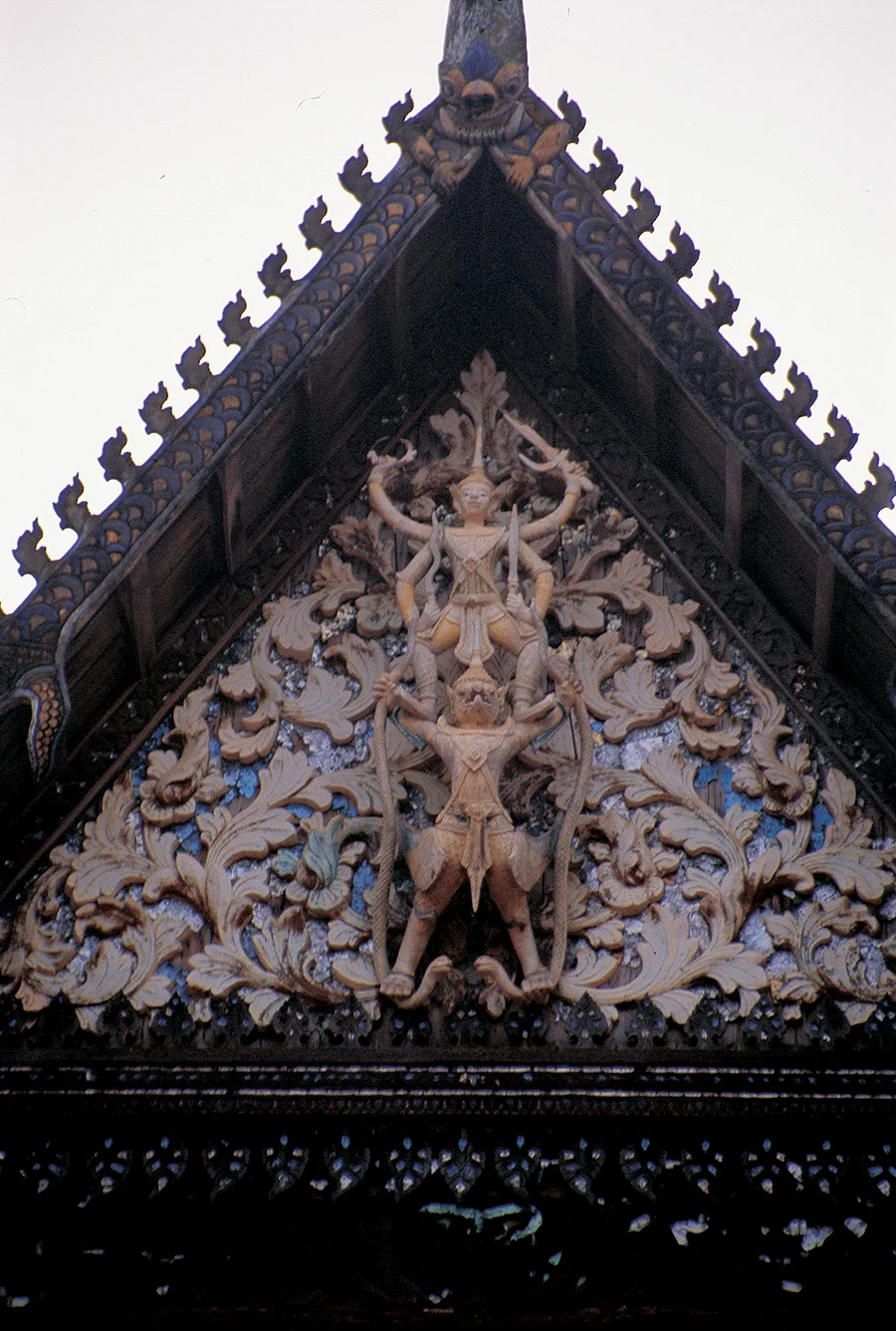 Vishnu the Preserver, the best loved of all the Hindu gods, mounts Garuda. This is a common motif on the gables of Thai and Cambodian Buddhist monasteries. Photo: Siem Reap, Cambodia