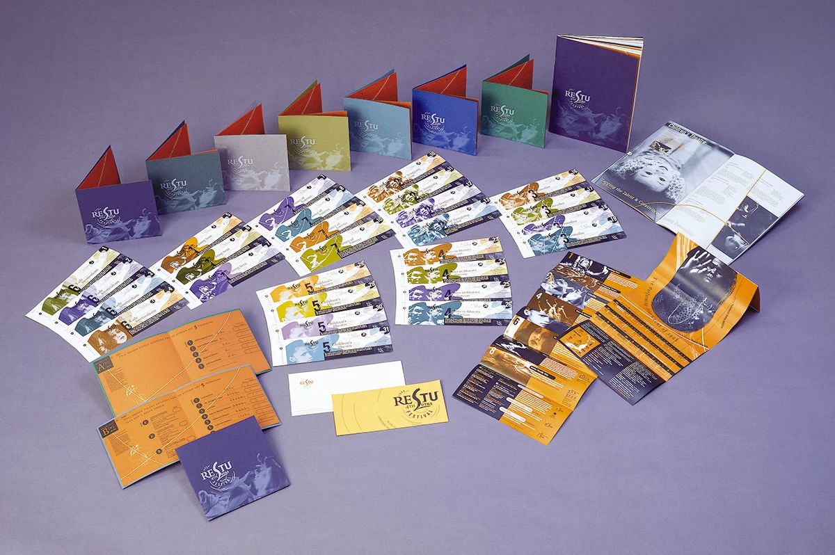Colour-coded tickets and invitation cards for the 4th Sutra Festival, Restu (1995).