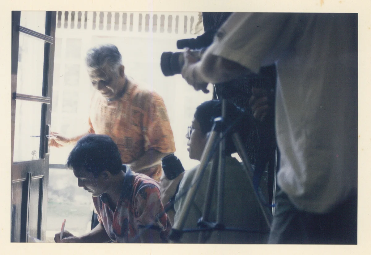 The interviews—where we recorded the stories of the elder dancers and their own unique stylistic expression of classical Balinese dance forms—with Agung Anom (Artistic Director of Gamelan Semara Ratih and interpreter), Eric Peris, David Lok, and the project team. Photo: Ellis Bartholomeus