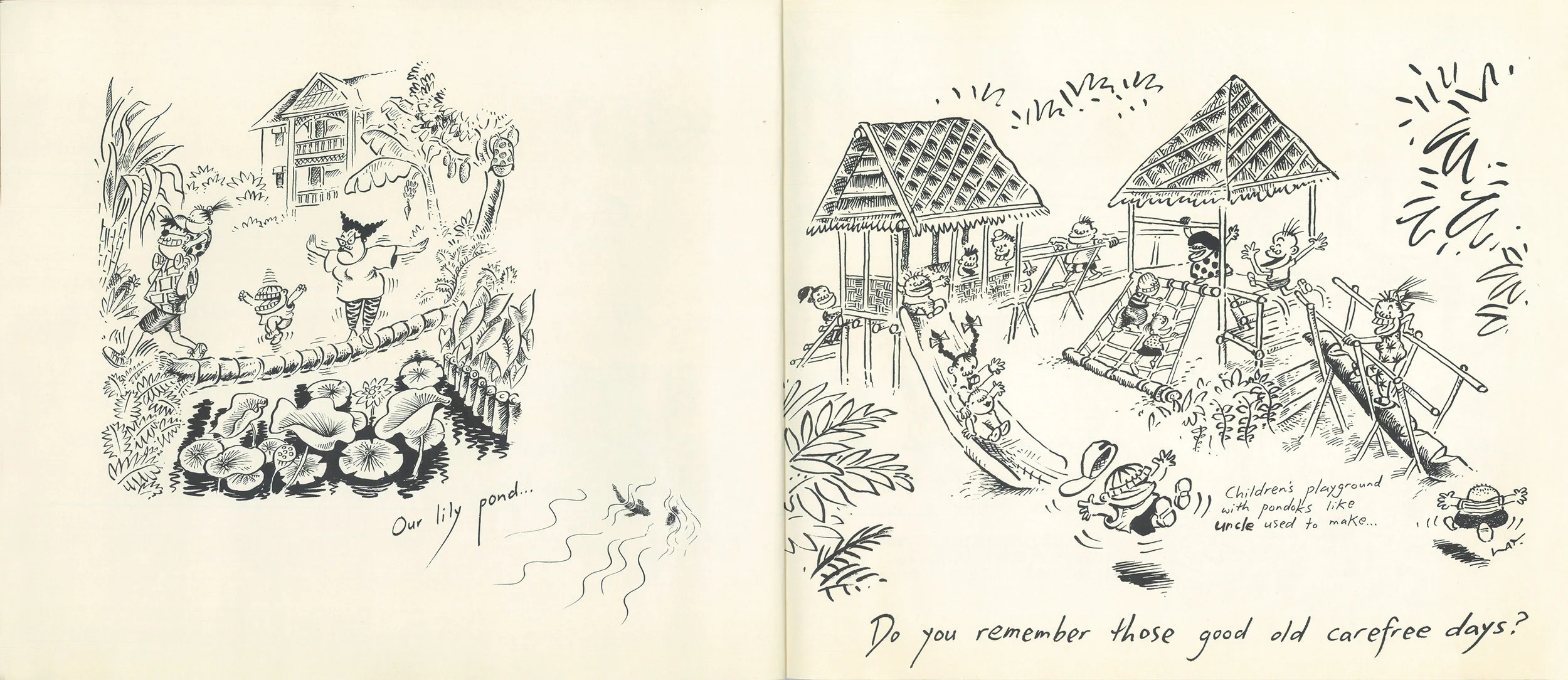 The illustrations show Kampung Warisan’s bamboo bridge and a children’s playground built with local materials and traditional methods