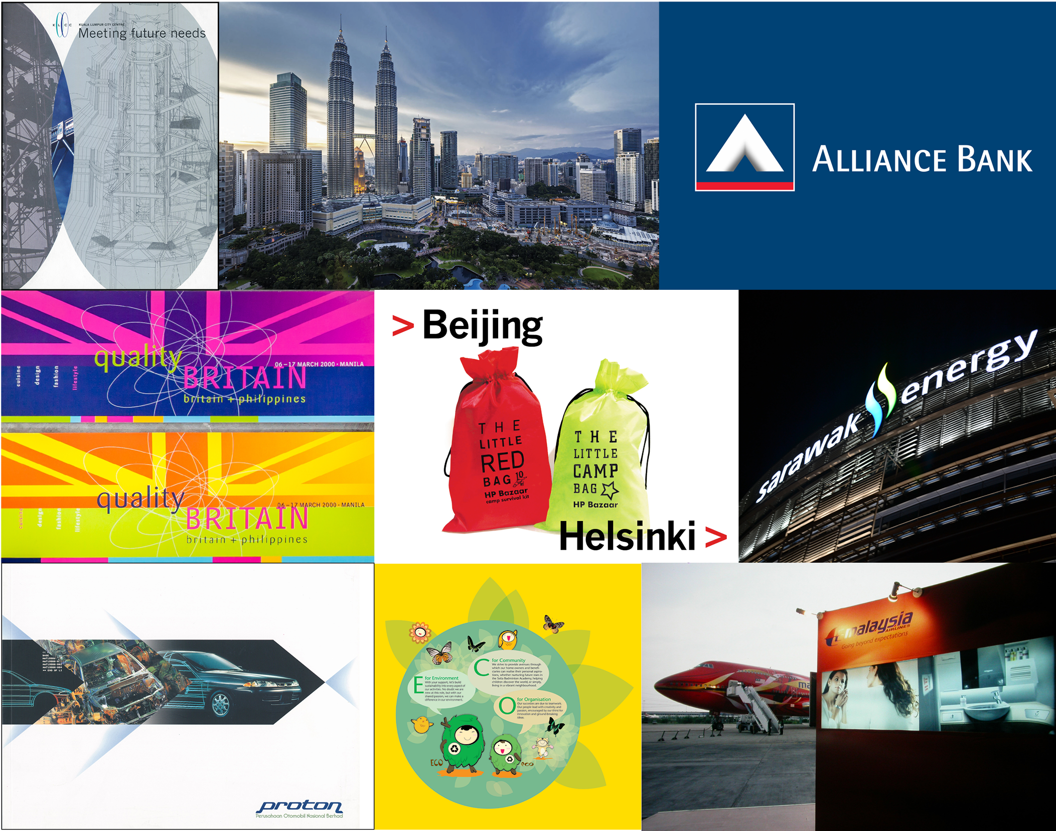 Our branding and visual identity projects range widely in type and scope: from promoting UK’s creative industries to hp e-Bazaar global identity to launching Malaysia Airlines’ First and Business Class (in collaboration with Leo Burnett). We have contributed to the development of some of Malaysia’s earliest industries and corporations—Proton, Perwaja Steel, Renong, Times Engineering, Celcom, Petronas Twin Towers, etc.