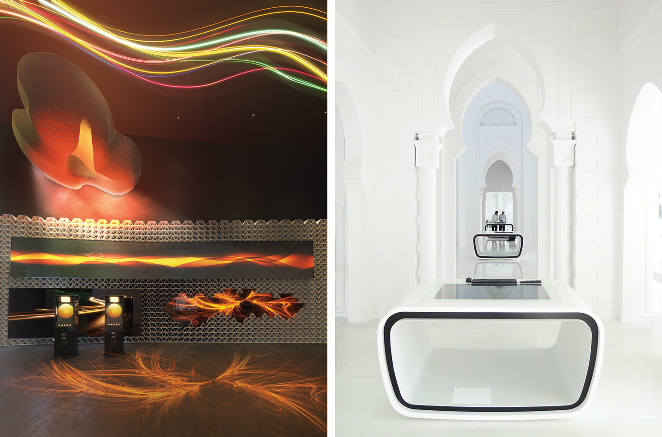 INTEGRATED DESIGN // World Expo Astana 2017 (left) // Muzium Masjid Sultan Abdullah —Islamic Art & Culture Museum (right) // Interior spaces can be sensual and mesmerising, or a study of calm and purity.