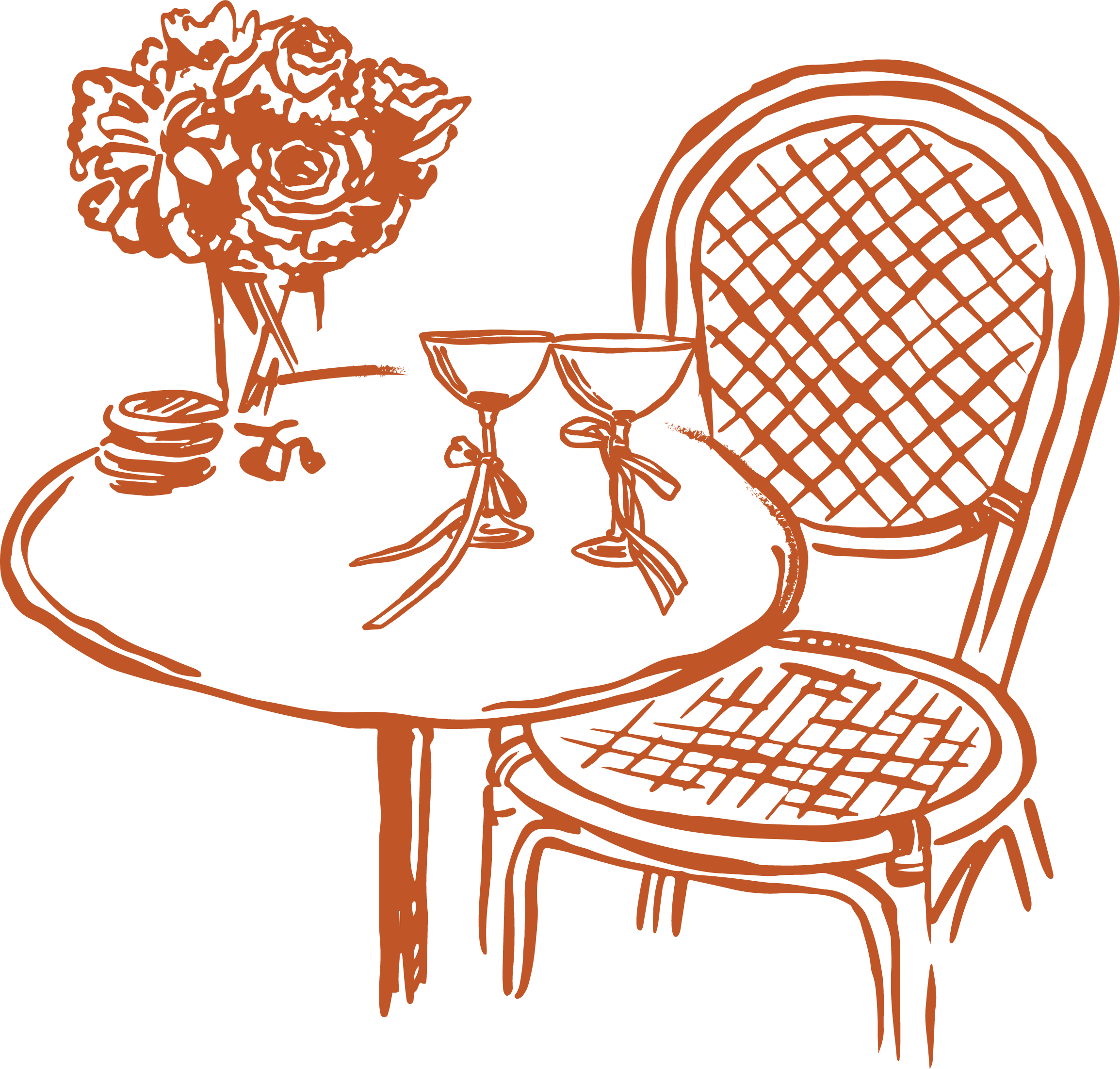 Line drawing of a small round table with two champagne glasses tied with ribbons, a potted flower, and a stack of coins. Next to the table is a bentwood chair with a lattice design on the backrest and seat, set against a black background.